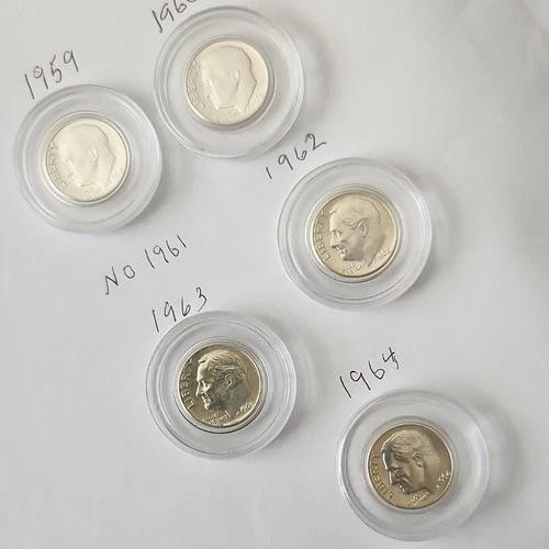 1959-1964 Silver Roosevelt Dime Uncirculated Set Lot of 5 Coins .900 no61 all BU