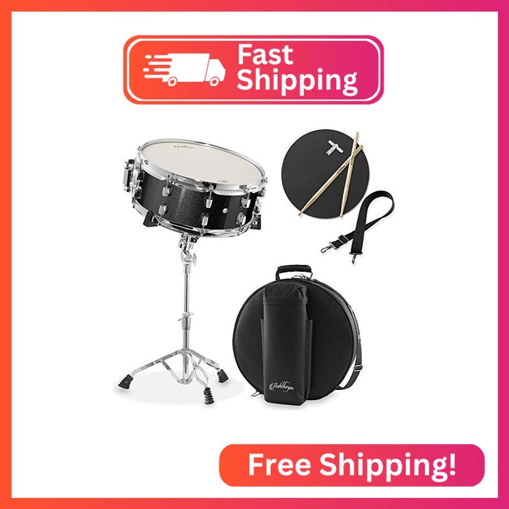 Ashthorpe Snare Drum Set with Remo Head (Black) - Student Beginner Kit with Stan