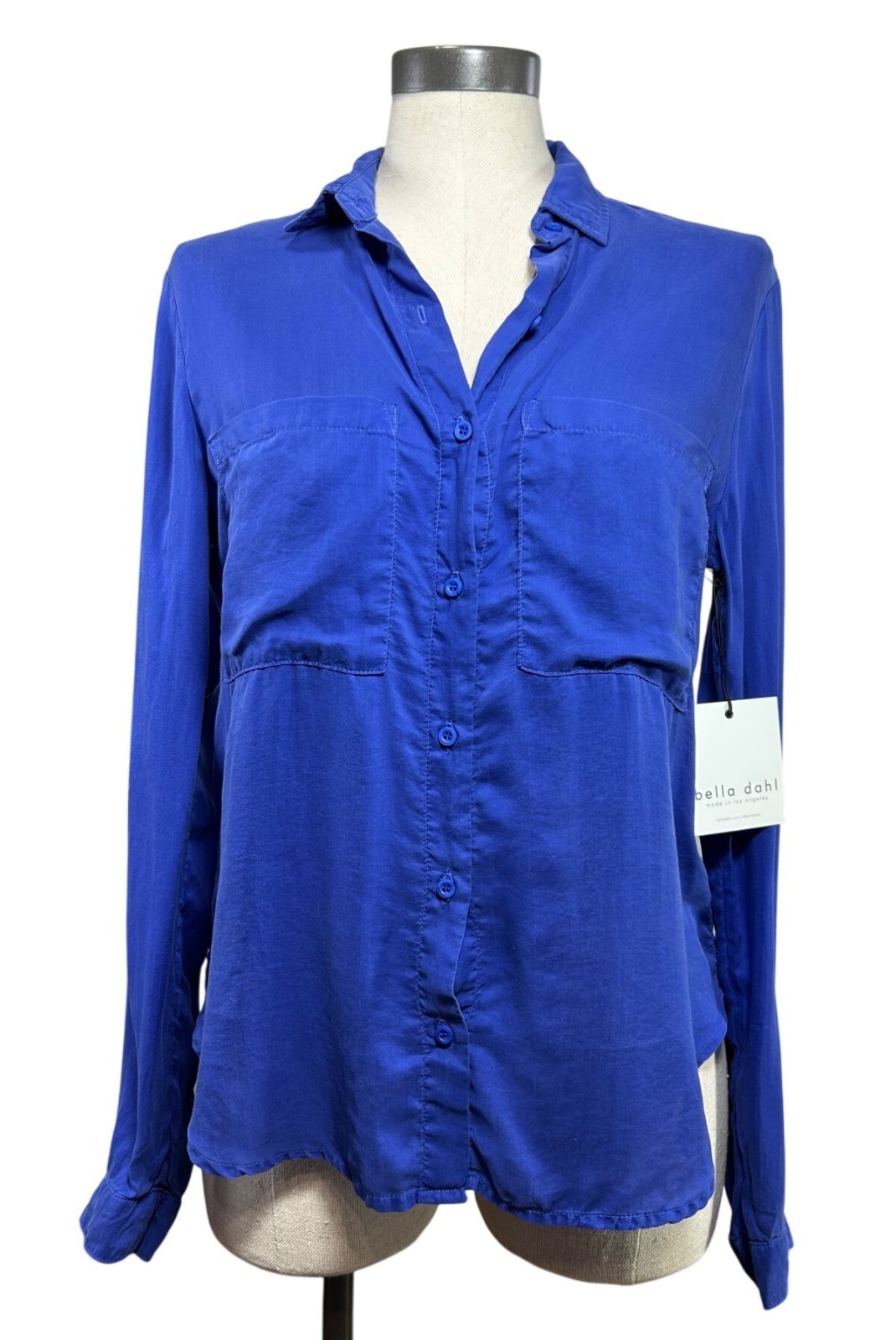 BELLA DAHL Two Pocket Button Down Shirt Sz L Cobalt Blue Tencel Chambray Tunic