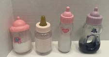 Baby Doll Bottles Lot of 4 Pretend Toy Feeding Bottles Milk, Grape Juice, & Emp