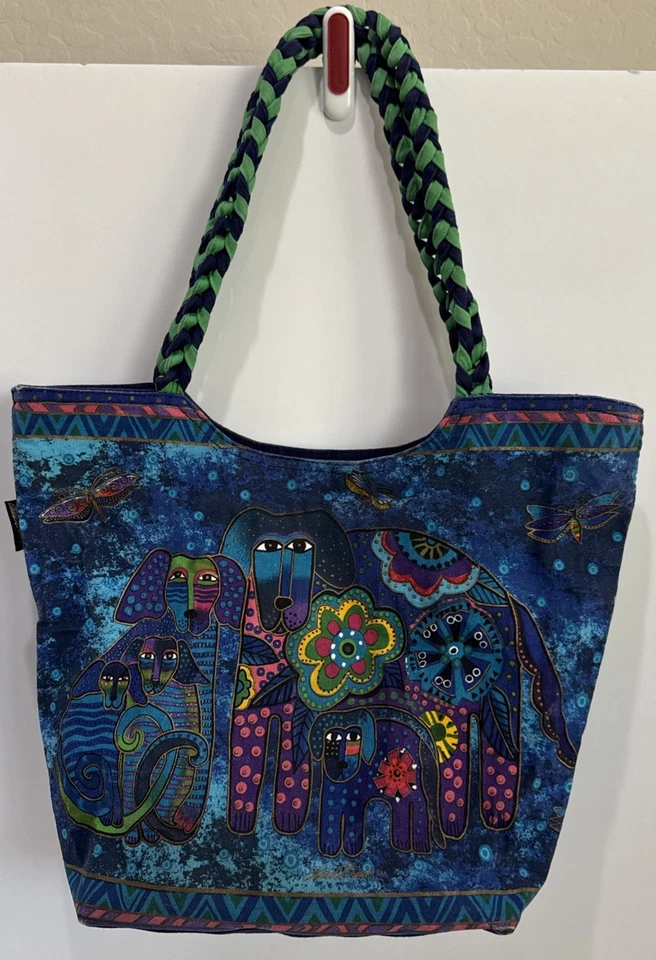 Laurel Burch Canvas Tote Purse Bag Colorful Blue Dogs Whimsical Braided Handles - Image 2 of 4