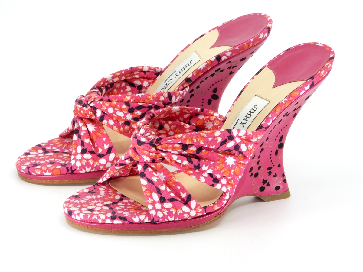 Jimmy Choo Knotted Pink Fabric WEDGE Mule Shoes 38 New