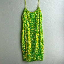 Fashion Nova Glamorous Neon Green Stretch Sequin Midi Dress Size Medium Women's