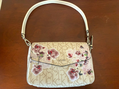 Calvin Klein Logo Monogram Floral Small Crossbody Zip Detachable Strap Silver