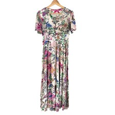 V Neck Maxi Dress Size Medium Front Slit Smocked Waist Floral Peasant Rayon