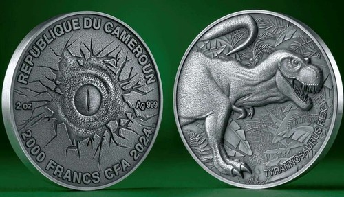 Tyrannosaurus Rex Cameroon 2000 francs 2024 Silver Coin - Picture 1 of 6