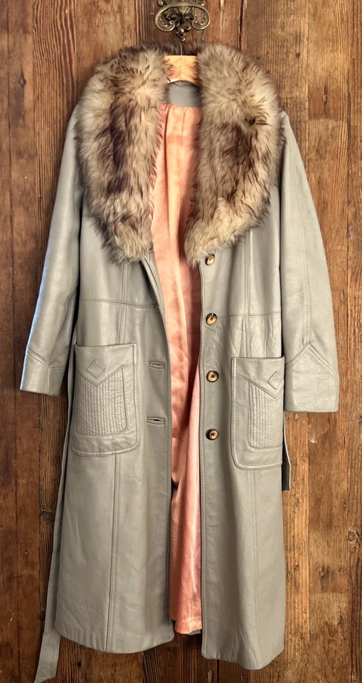 Vintage 60’s 70’s Penny Lane  Taupe Leather Afghan Trench Coat Fluffy Fur Collar - Image 3 of 4