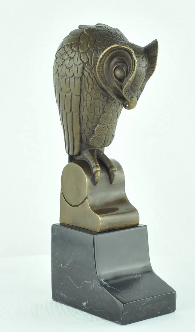 Ancienne Statuette Chouette Hibou laiton Bronze Doré Massif - Yeux Verre Orange - Vintage 9cm - Décoration
