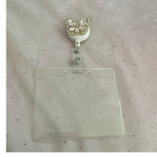 Clear Plastic ID Badge Holder w/ Retractable Reel  Rhinestone Butterfly Clip