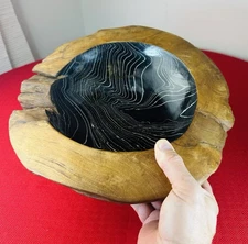 12” Teak Wood & Resin Paint Art Bowl Topo Carved Modern Organic Sculpture Decor