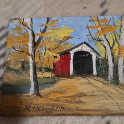 M. Harrison Signed Original Acrylic Painting Covered Bridge Autumn Landscape