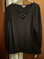 Beautiful JM COLLECTION Black Long Sleeve Blouse With Gem Accents Sz 2X NWT