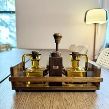 Vintage Amber Glass Oil Vinegar Cruet Set Wood Caddy Mid Century Modern 1970s
