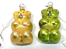 NWT 2 GUMMY BEAR GLASS CHRISTMAS ORNAMENTS Gold  Green 3.5" Glitter Germany