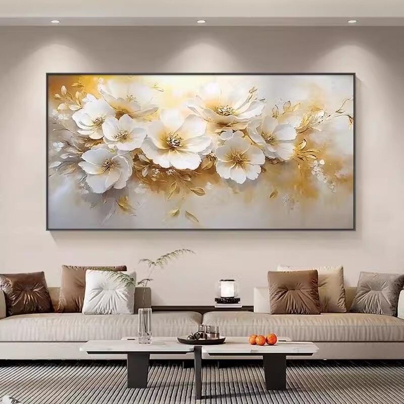 Hand-painted gold foil texture oil painting white peony on canvas 48in Wall art