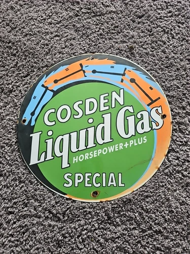 VINTAGE COSDEN LIQUID GAS PORCELAIN GAS STATION SIGN 12"