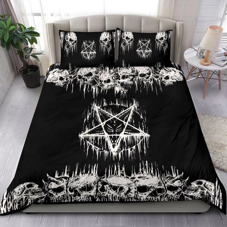 Juego de edredón oculto pentagrama de fusión invertido calavera satánica ropa de cama Baphomet Foto 2 de 4