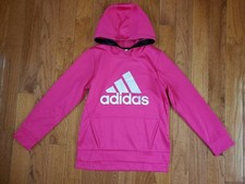 ADIDAS GIRLS LG 14 BRIGHT PINK HOODY FLEECE-BACKED HI-LO HEM SILVER LOGO flaw
