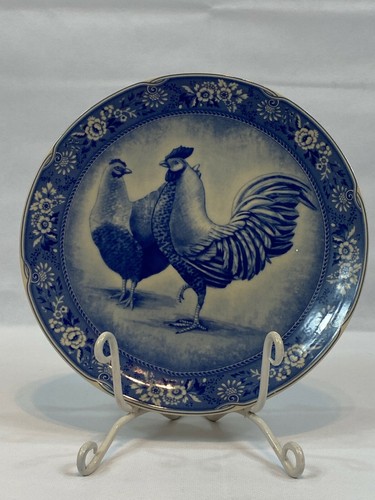 Set of 2 Staffordshire Rare Vintage Hen & Rooster Blue 8.25" Lunch/Dessert Plate - Picture 6 of 12