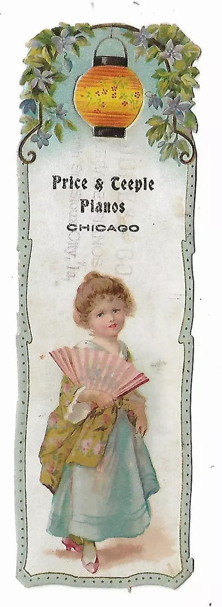 Old Trade Card Bookmark Price Teeple Piano Co Chicago Fan Paper