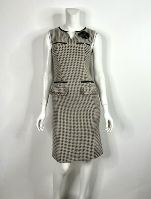 Vtg Moschino Main Line Black Houndstooth Tweed Chain Pocket Dress S 40