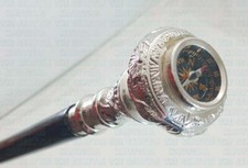 Victorian Brass Compass Handmade Vintage Silver Knob Walking Wooden Stick Cane
