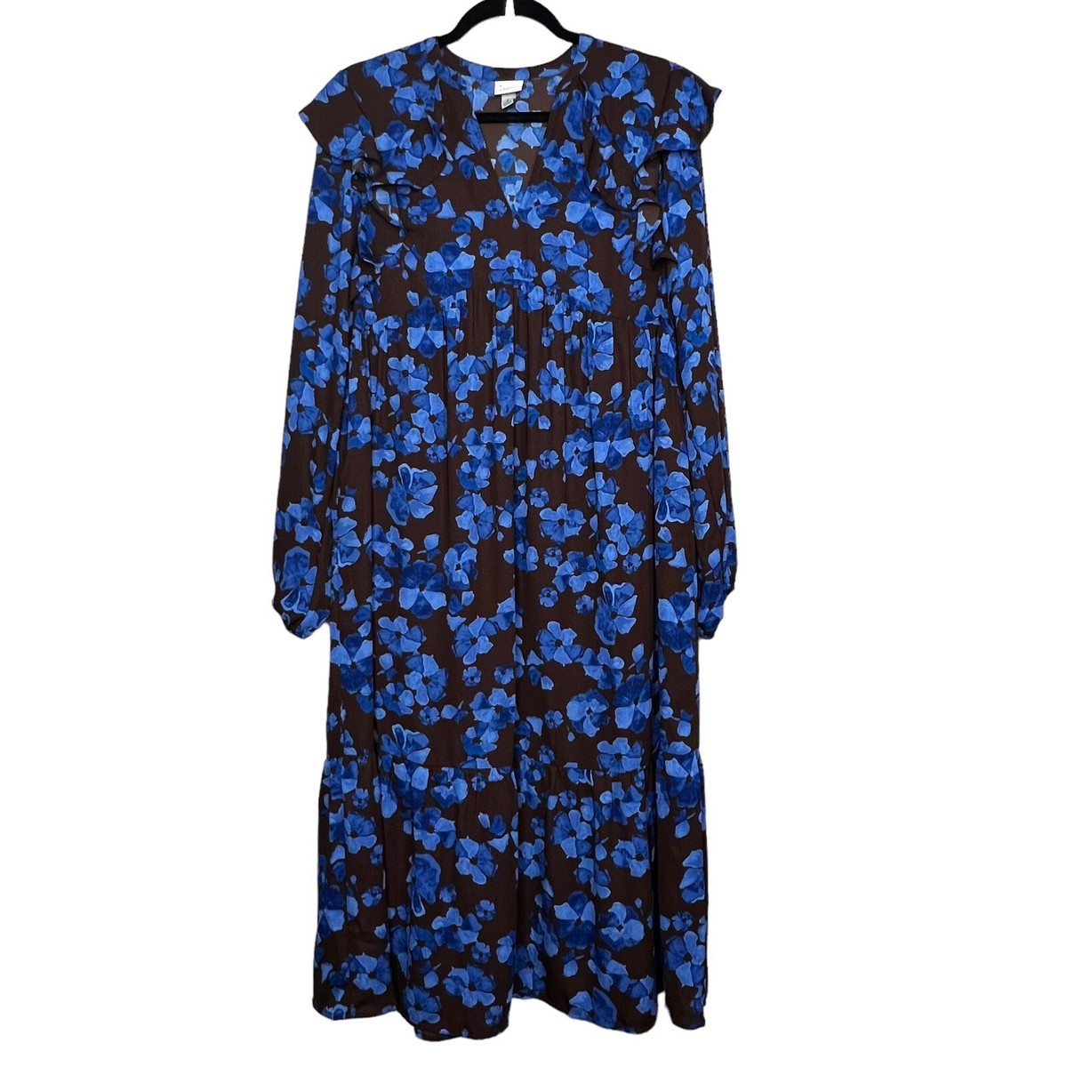 A New Day Womens S Brown Blue Floral Dress Long Sleeve Ruffle Hem