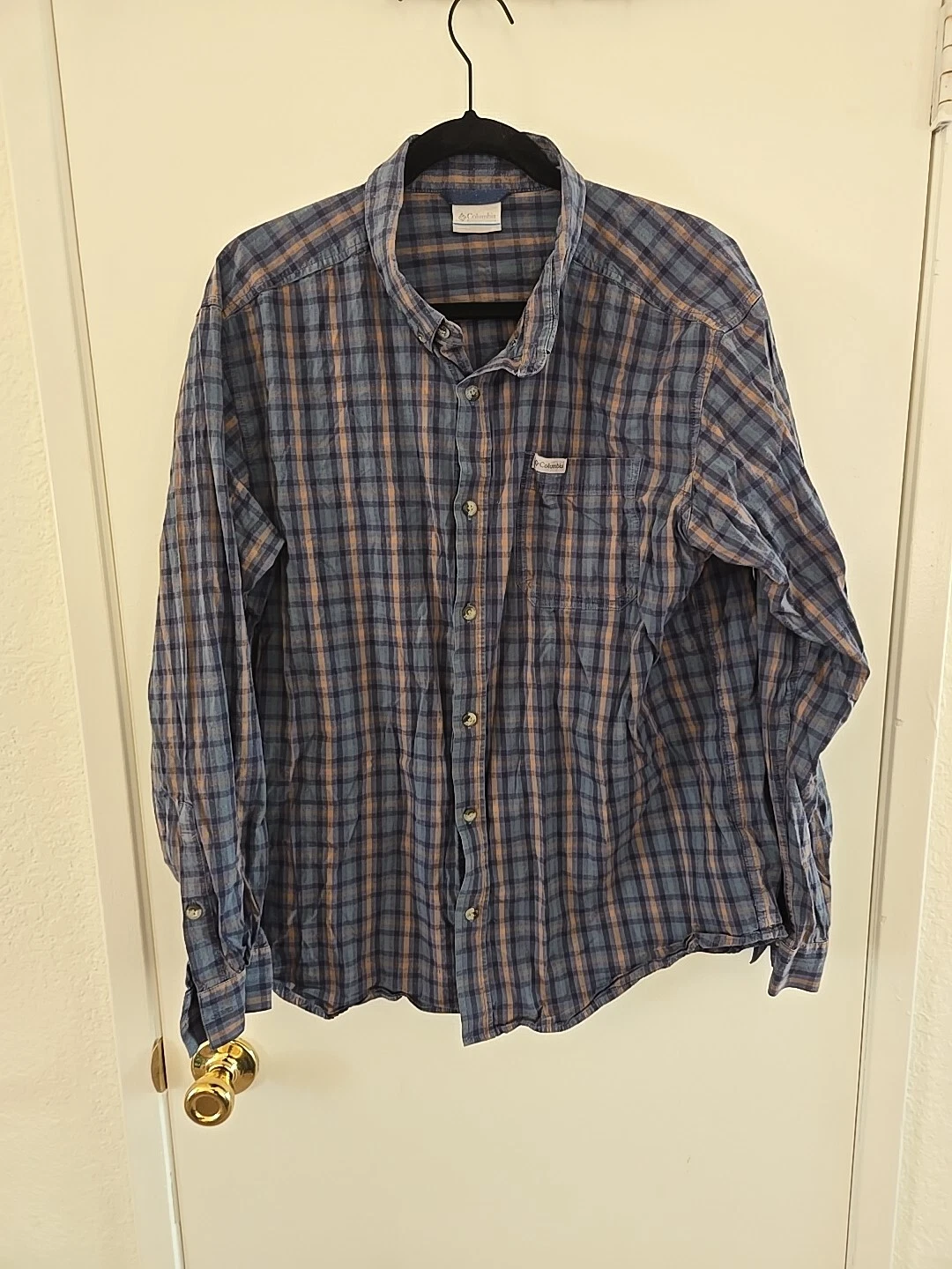 Columbia Button Up Shirt XL Silver Ridge Lite Plaid Blue Long Sleeve Hike Camp