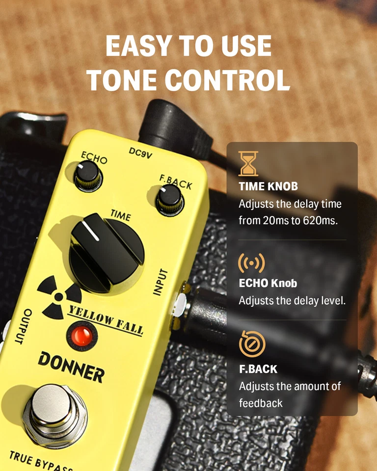 Donner Yellow Fall Delay Pedal Vintage Analog Delay Electric Guitar Effect Pedal - Image 3 of 4