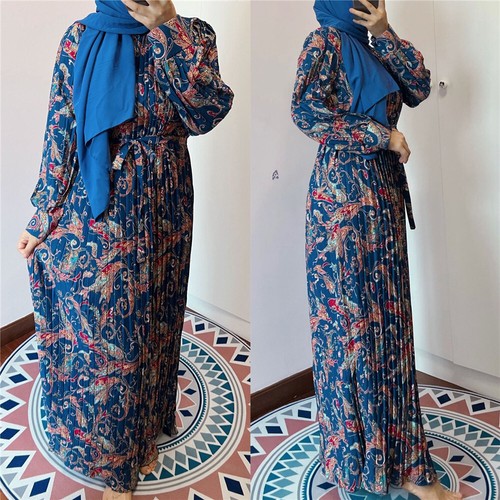 Damen Druck Maxikleid Plissee Kaftan Muslim Abaya Islamisch Jilbab Robe Ramadan - Bild 5 von 15