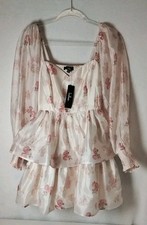 NWT Lulus Sz XS Blush Pink Cottage Core Floral Organza Ruffle Tiered Mini Dress