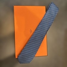 USED Tie HERMES Necktie Navy All Over Pattern H Logo Japan