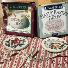 2 Vintage Longaberger Tie-On’s Jingle Bell Christmas 1994 & 1995 Happy Easter  
