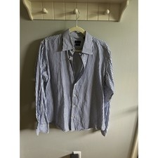 Valentino Roma Mens Interfit Striped Dress Shirt Blue White 100 Cotton 16.5 42