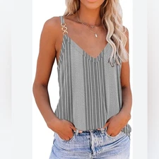 Gray & white striped cotton blend tank top with gold link straps size small NWT