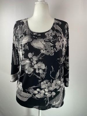 Clara Sun Woo Black White Floral Geometric Bell Sleeve Top Sz XL Business Travel