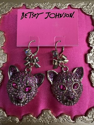 Betsey Johnson Vintage Eye Of The Tiger Pink Panther Leopard Cat Earrings RARE