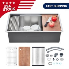 30 In Sleek Stainless Steel Kitchen Sink Undermount Single Bowl w/ Grid Strainer