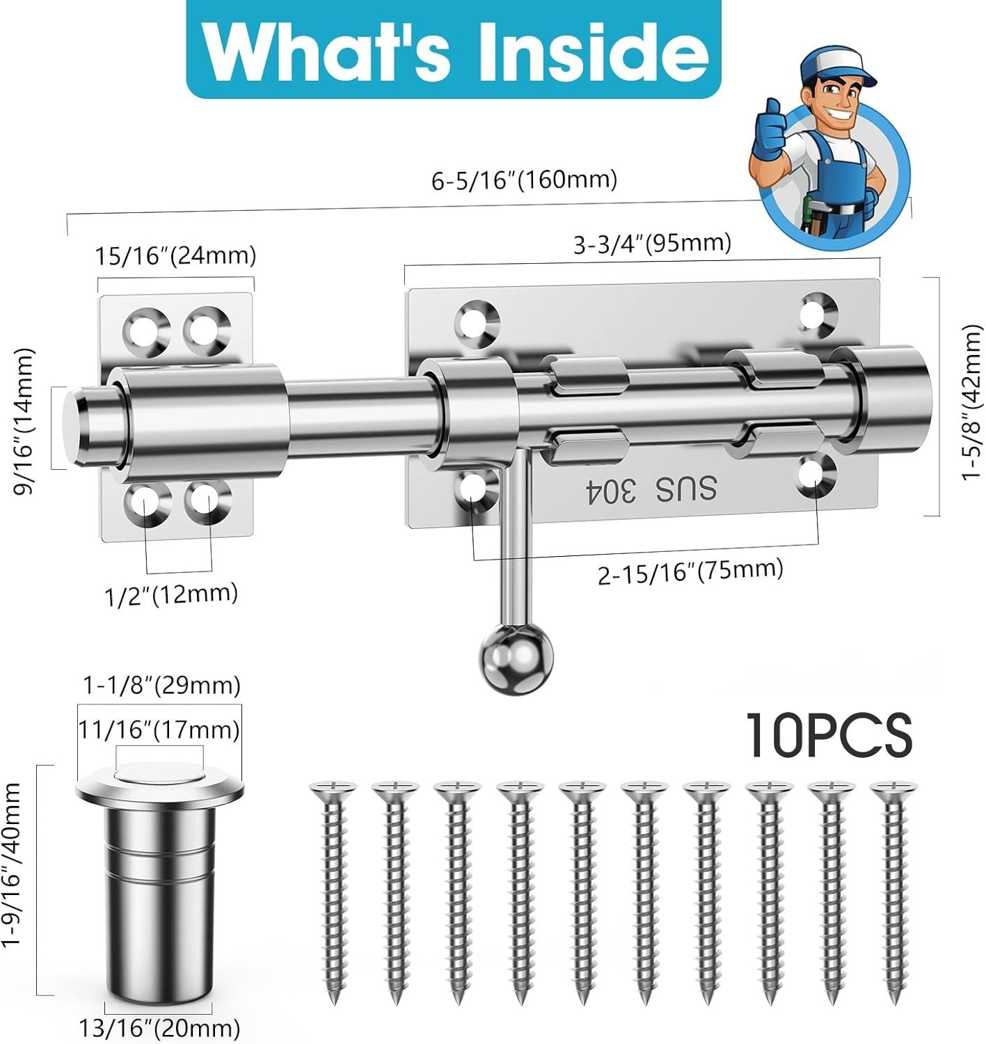 Slide Bolt Gate Latch Hardware, Barrel Bolt Latch, 6.3 Inch Stainless Steel