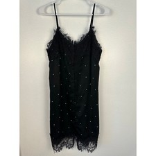fab'rik black slip dress featuring a star print and delicate lace trim small LBD
