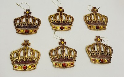 Set Of 6 Vintage Jeweled Queen's Royal Crown Christmas Ornament Decoration
