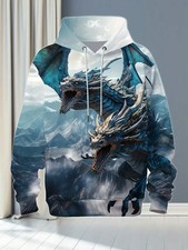 3D Ice Blue Dual Dragon Hoodie Mythical Two-Headed Dragon Graphic Pullover Sweat
