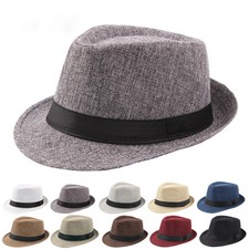 Men Women Straw Fedora Hat Trilby Cuban Sun Cap Panama Short Brim Floral Summer