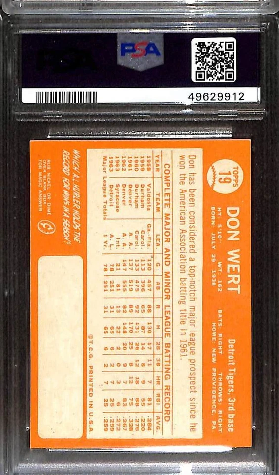 1964 Topps #19 Don Wert PSA 8 NM-MT 49629912  - Image 2 of 3