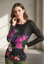 Venus Women's Top Long Sleeve Stretch Floral Black Size M