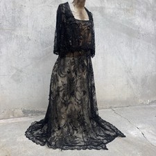 Exquisite Antique 1920s Chantilly Lace Dress Beaded Fringe Orange Lam  Vintage