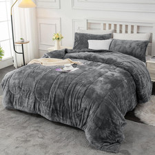 Queen Size Fluffy Faux Fur Comforter Set, Dark Grey, 3PC Cozy Bedding