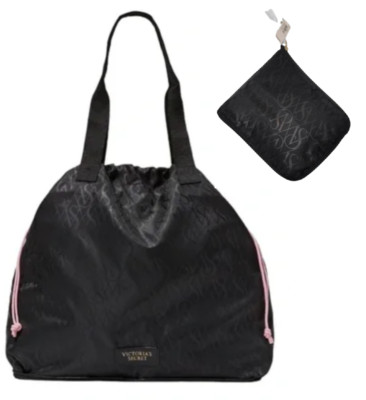 VICTORIA'S SECRET LIGHTWEIGHT PACKABLE OVERNIGHT TOTE BAG BLACK PINK 18''x16'' NWT