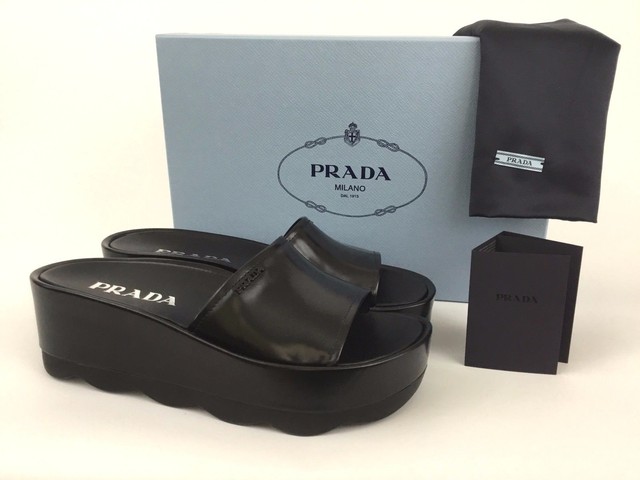 black leather platform slides