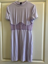Shein Light Purple Lilac Fitted Ribbed Sheer Middle Panel Mini Dress-Size: Large